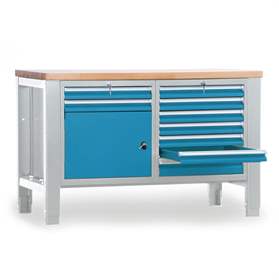 Werkstatt-Tisch TECHNO, Doppelmodul Breite 1400 mm, 9 Schubladen, Schrank, Farbe lichtgrau RAL7035/blau RAL5012.