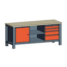 Banc masă de atelier TECHNO, modul triplu lățime 2000 mm, 4 sertare, dulap, culoare antracit RAL7016/portocaliu RAL2004.