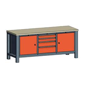 Banc masă de atelier TECHNO, modul lățime 2000 mm, 4 sertare, 2 dulapuri, culoare antracit RAL7016/portocaliu RAL2004.