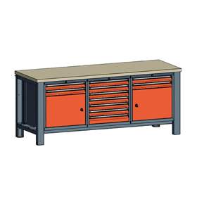 Werkstatt-Tisch TECHNO, Dreiermodul Breite 2000 mm, 11 Schubladen, 2 Schränke, Farbe anthrazit RAL7016/orange RAL2004.