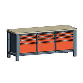 Banc masă de atelier TECHNO, modul triplu lățime 2000 mm, 12 sertare, culoare antracit RAL7016/portocaliu RAL2004.