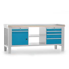 Banc masă de atelier TECHNO, modul triplu lățime 2000 mm, 6 sertare, dulap, gri RAL7035/albastru RAL5012.