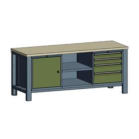 Werkstatt-Tisch TECHNO, Dreiermodul Breite 2000 mm, 4 Schubladen, Schrank, Farbe anthrazit RAL7016/grün RAL6011.