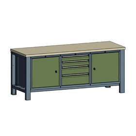 Werkstatt-Tisch TECHNO, Dreiermodul Breite 2000 mm, 4 Schubladen, 2 Schränke, Farbe anthrazit RAL7016/grün RAL6011.