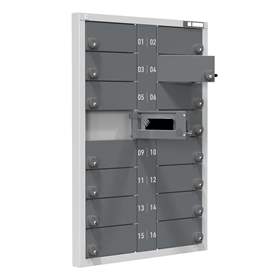 Ladeschrank für Mobiltelefone, 16 Segmente, Münzenschlösser, HxBxT: 1155x830x57 mm, Farbe Grau RAL7035/Anthrazit RAL7016