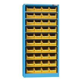 Magazinschrank ohne Türen 1950 x 950 x 400 mm, 9 x Fachböden, 40 x Boxen 204 x 350 x 150 mm, Farbe Blau RAL5012