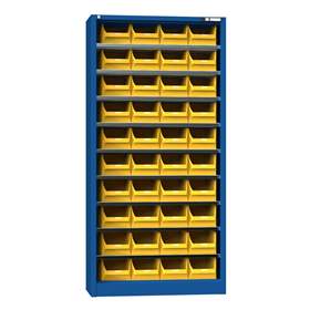 Magazinschrank ohne Türen 1950 x 950 x 400 mm, 9 x Fachböden, 40 x Boxen 204 x 350 x 150 mm, Farbe Dunkelblau RAL5010