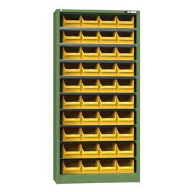 Magazinschrank ohne Türen 1950 x 950 x 400 mm, 9 x Fachböden, 40 x Boxen 204 x 350 x 150 mm, Farbe Grün RAL6011