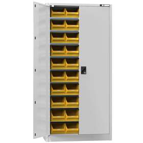 Magazinschrank mit Türen 1950 x 950 x 400 mm, 9 x Fachböden, 40 x Boxen 200 x 350 x 150 mm, Farbe Lichtgrau RAL7035