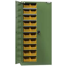 Zásobníková skříň s dveřmi 1950 x 950 x 400 mm, 9 x police, 40 x zásobník 204 x 350 x 150 mm, barva zelená RAL6011