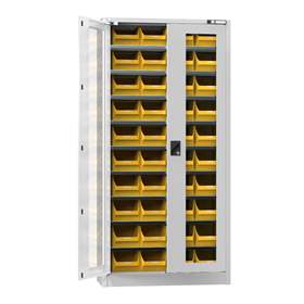 Magazinschrank, verglaste Türen, 1950 x 950 x 400 mm, 9 x Fachböden, 40 x Boxen 200 x 350 x 150 mm, Farbe Lichtgrau RAL7035