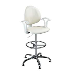 Labor-Drehstuhl SMART, hoch mit Fußring und Armlehnen, Kunstleder elfenbein