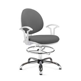 Labor-Drehstuhl SMART, hoch mit Fußring und Armlehnen, Stoffbezug hellgrau