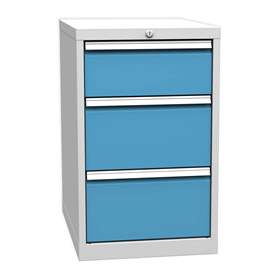 Box container - dulap banc masă de atelier - modul corp dulap pentru banc de atelier, 3 sertare, gri RAL7035/ albastră RAL5012