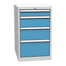 Box container - dulap banc masă de atelier - modul corp dulap pentru banc de atelier, 4 sertare, gri RAL7035/ albastră RAL5012