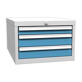 Box container - dulap banc masă de atelier - modul corp dulap atașabil la banc de lucru, 3 sertare (1x 60, 2x 90), gri RAL7035/ albastră RAL5012