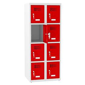 Schließfachschrank mit 8 Fächern, BxTxH: 600x500x1450 mm, Zylinderschloß, Korpus Grau RAL7035/Türfarbe Rot RAL3020