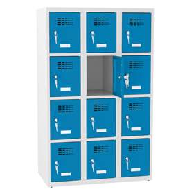 Schließfachschrank mit 12 Fächern, BxTxH: 900x500x1450 mm, Zylinderschloß, Korpus Grau RAL7035/Türfarbe Blau RAL5012