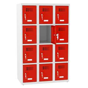 Schließfachschrank mit 12 Fächern, BxTxH: 900x500x1450 mm, Zylinderschloß, Korpus Grau RAL7035/Türfarbe Rot RAL3020