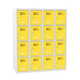 Schließfachschrank mit 16 Fächern, BxTxH: 1200x500x1450 mm, Zylinderschloß, Korpus Grau RAL7035/Türfarbe Gelb RAL1023