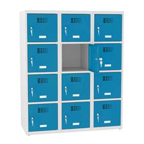 Schließfachschrank mit 12 Fächern, BxTxH: 1200x500x1450 mm, Zylinderschloß, Korpus Grau RAL7035/Türfarbe Blau RAL5012