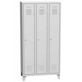 Garderobenschrank, geschweißt, 3 x 300 mm, Türfarbe grau RAL7035, mit Stollenfüßen