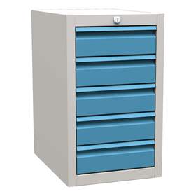 Dulap box atașabil banc masă atelier - modul corp dulap banc de lucru cu sertare-, 5 sertare, H: 600 mm, gri RAL7035/albastru RAL5012
