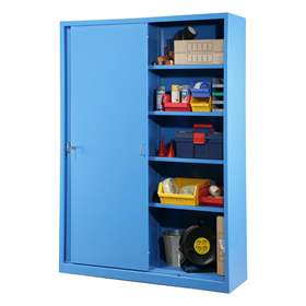 Dulap metalic cu polițe și cu uși glisante - department steel furniture, HxLxl: 1990 x 1400 x 435 mm, culoare albastru deschis RAL 5012