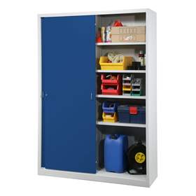 Dulap metalic cu polițe și uși glisante - office steel furniture, HxLxl: 1990 x 1400 x 435 mm, culoare gri deschis RAL 7035 / albastru RAL5010