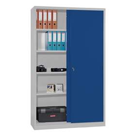 Dulap metalic cu polițe și uși glisante - office steel furniture, HxLxl: 1990 x 1200 x 435 mm, culoare gri deschis RAL 7035 / albastru RAL5010