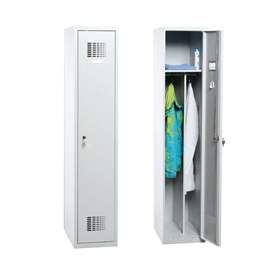 Garderobenschrank WEMO, geschweißt, 1 x 400 mm, Türfarbe Grau RAL7035, ohne Füße, Dreipunkt-Zylinderschloss