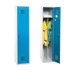 Garderobenschrank WEMO, geschweißt, 1 x 400 mm, Türfarbe Blau RAL5012, ohne Füße, Drehriegelverschluss mit Dreipunktverriegelung