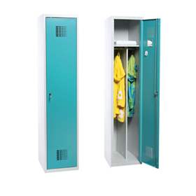 Garderobenschrank WEMO, geschweißt, 1 x 400 mm, Türfarbe Grün RAL5018, ohne Füße, Dreipunkt-Zylinderschloss