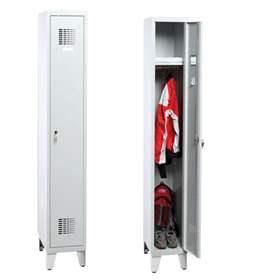 Dulap metalic pentru vestiar, sudat, WEMO, 1 x 300 mm, uși gri RAL7035, cu picioare, încuietoare tip zăvor rotativ cu blocare în 3 puncte