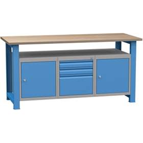 Banc de lucru atelier LxlxH 1700x700x827 mm Kovona, albastru RAL5012, 3 sertare, 2 box container