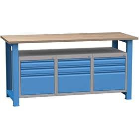 Banc de lucru atelier LxlxH 1700x700x827 mm Kovona, albastru RAL5012, 3x3 sertare