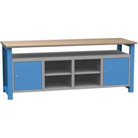Banc de lucru atelier LxlxH 2100x700x827 mm Kovona, albastru RAL5012, 2 rafturi, 2 box container