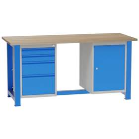 Banc de lucru atelier LxlxH 1700x700x827 mm Kovona, albastru RAL5012, 4 sertare, 1 box container