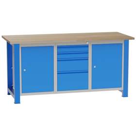 Banc de lucru atelier LxlxH 1700x700x827 mm Kovona, albastru RAL5012, 4 sertare, 2 box container