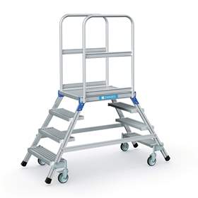 Scară punte cu trepte pe 2 părți - scară platformă cu trepte pe ambele părți, înălțime platformă 960 mm, 4 fuscele/trepte/trepte tip grătar