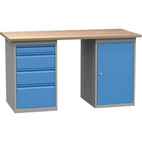 Banc de lucru atelier LxlxH 1200x700x827 mm Kovona, albastru RAL5012/ gri RAL7035, 4 sertare, 1 box container