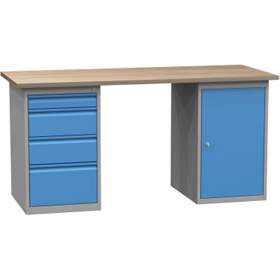 Banc de lucru atelier LxlxH 1700x700x827 mm Kovona, albastru RAL5012/ gri RAL7035, 4 sertare, 1 box container