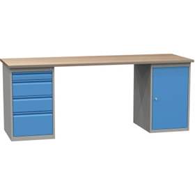 Banc de lucru atelier LxlxH 2100x700x827 mm Kovona, albastru RAL5012/ gri RAL7035, 4 sertare, 1 box container