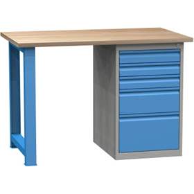 Banc de lucru atelier LxlxH 1200x700x827 mm Kovona, albastru RAL5012/ gri RAL7035, 5 sertare