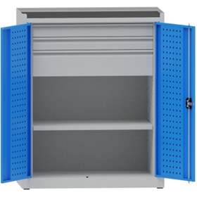 Dílenská skříň na nářadí, v x š x h: 1170x950x500 mm, perforované panely, 1 x police, 3 x zásuvka, barva šedá RAL7035 / modrá RAL5012