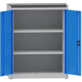 Dílenská skříň na nářadí, v x š x h: 1170x950x500 mm, perforované panely, 2 x police, barva šedá RAL7035 / modrá RAL5012