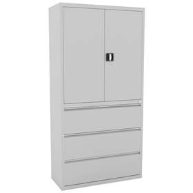 Stahl-Fachbodenschrank mit Registratur, 3 Schubladen + Schrank 999 mm, Farbe grau RAL7035