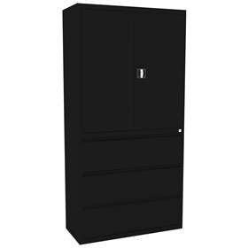 Stahl-Fachbodenschrank mit Registratur, 3 Schubladen + Schrank 999 mm, Farbe schwarz RAL9005