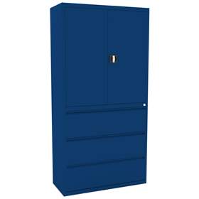 Stahl-Fachbodenschrank mit Registratur, 3 Schubladen + Schrank 999 mm, Farbe blau RAL5010