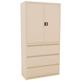 Stahl-Fachbodenschrank mit Registratur, 3 Schubladen + Schrank 999 mm, Farbe beige RAL1015